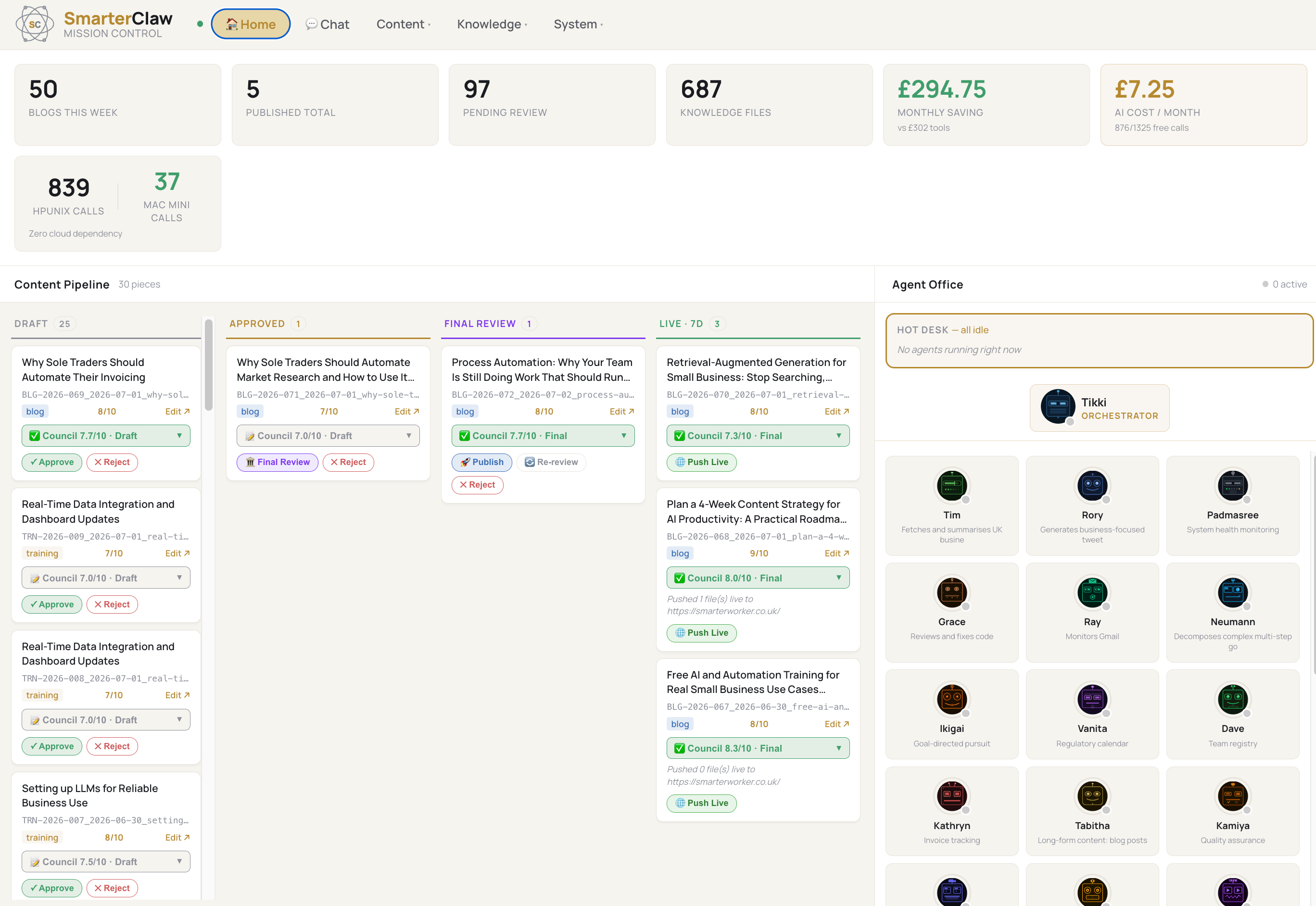 SmarterClaw Mission Control — private AI system dashboard