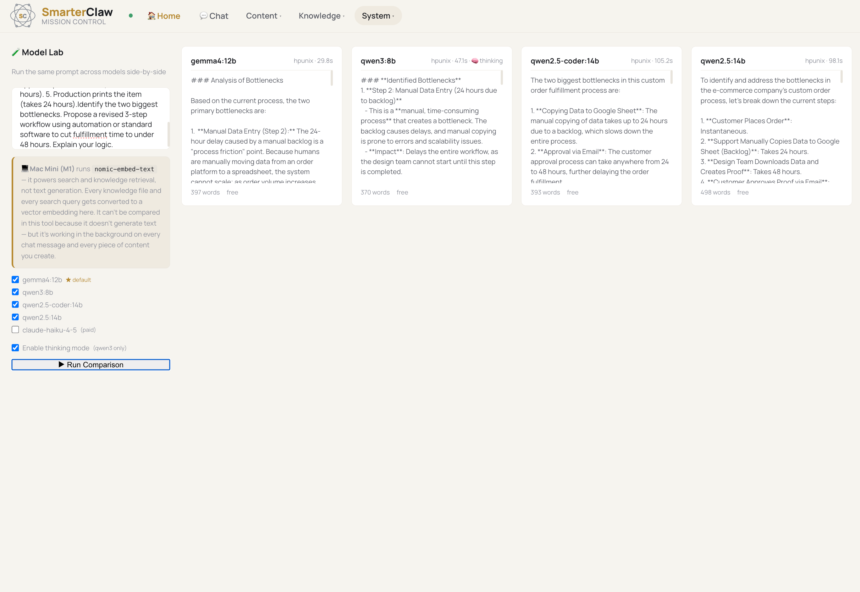 SmarterClaw — system health dashboard and Model Lab side-by-side comparison