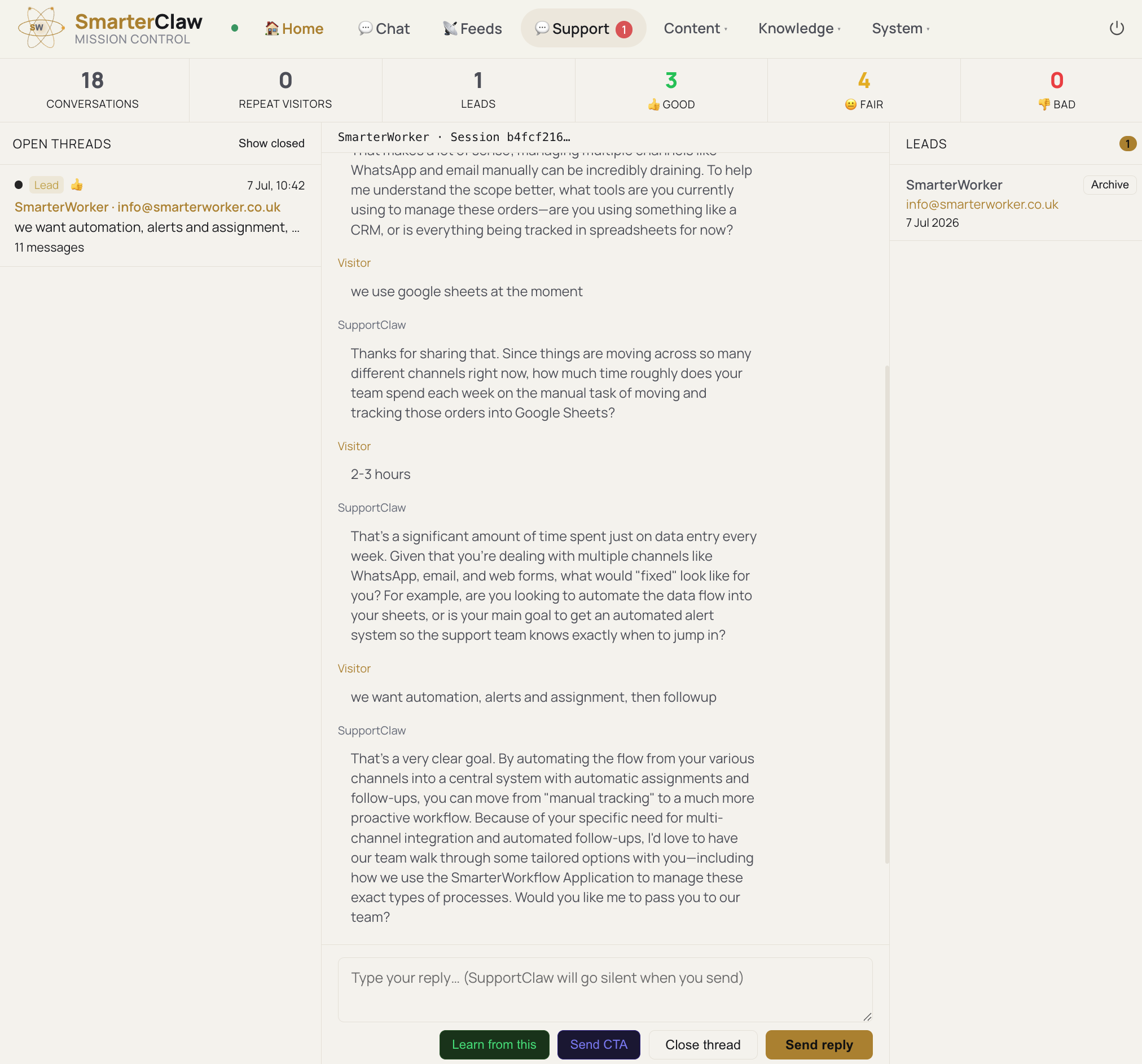 Mission Control support dashboard — live threads, KPIs, lead sidebar, and reply bar